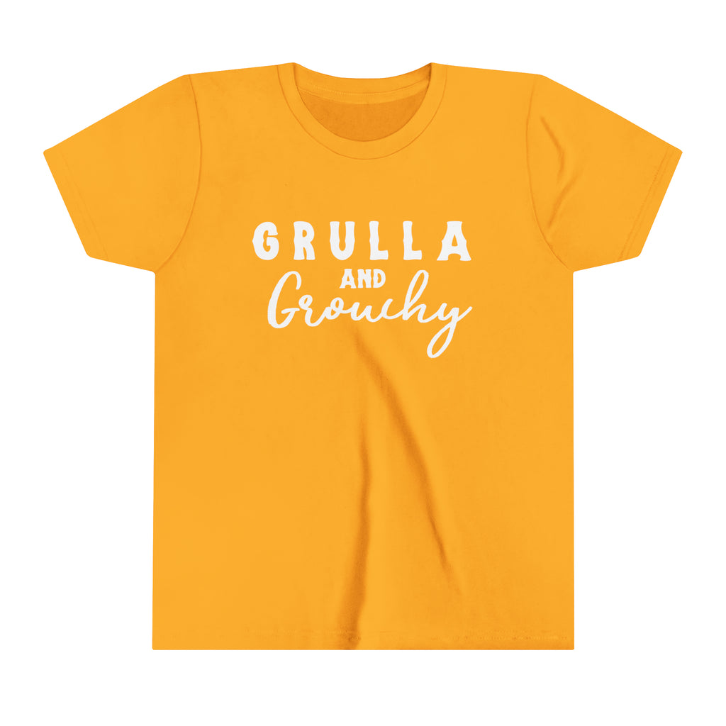 Gold youth short sleeve with white lettering reading "Grulla and Grouchy".
