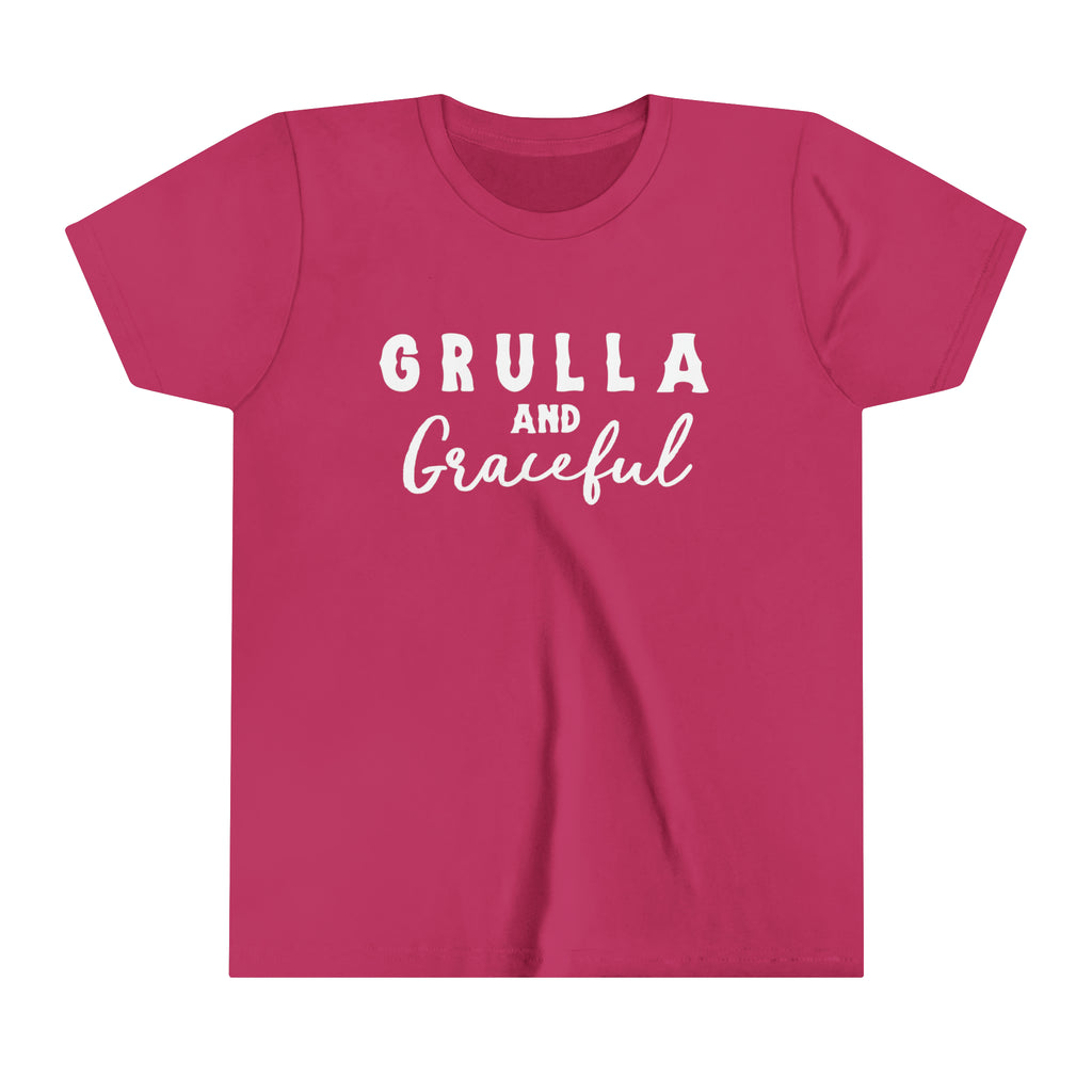 Berry youth short sleeve white white lettering reading "Grulla and Graceful". 