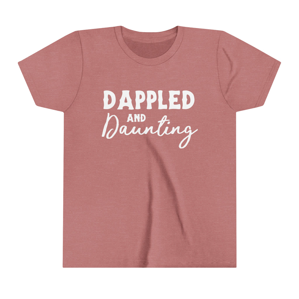 Mauve youth short sleeve with white lettering reading "Dappled and Daunting". 
