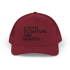 Embroidered Coffee Scripture and Horses Trucker Hat [23 Colors] Embroidered TCC Hat The Cinchy Cowgirl - Print Cranberry