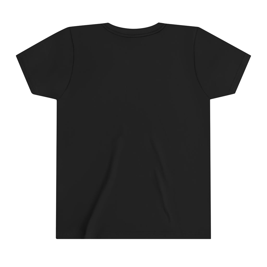 Backside of black youth short sleeve tee. 