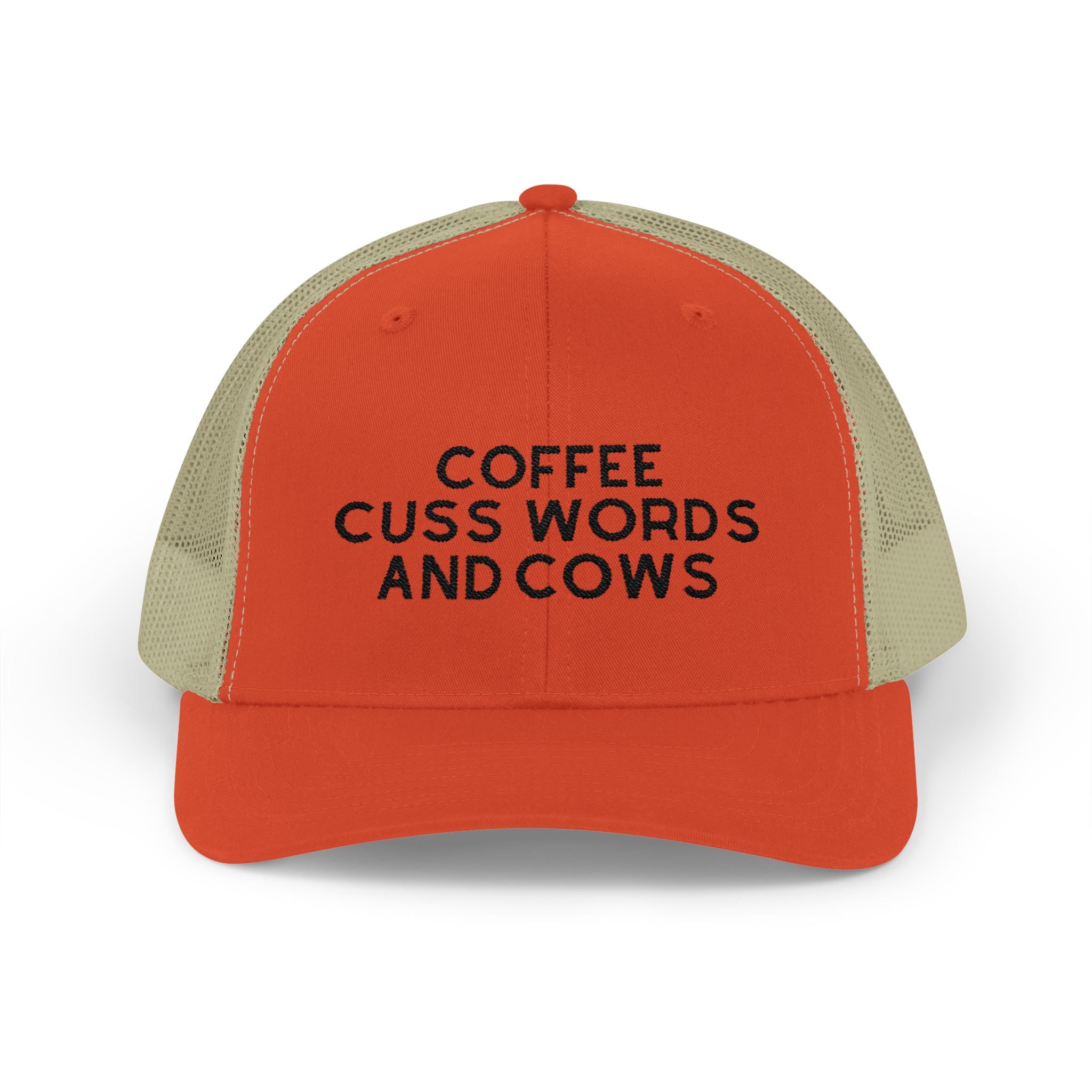 Coffee Cuss Words and Cows Trucker Hat Embroidered TCC Hat The Cinchy Cowgirl - Print Rustic Orange / Khaki