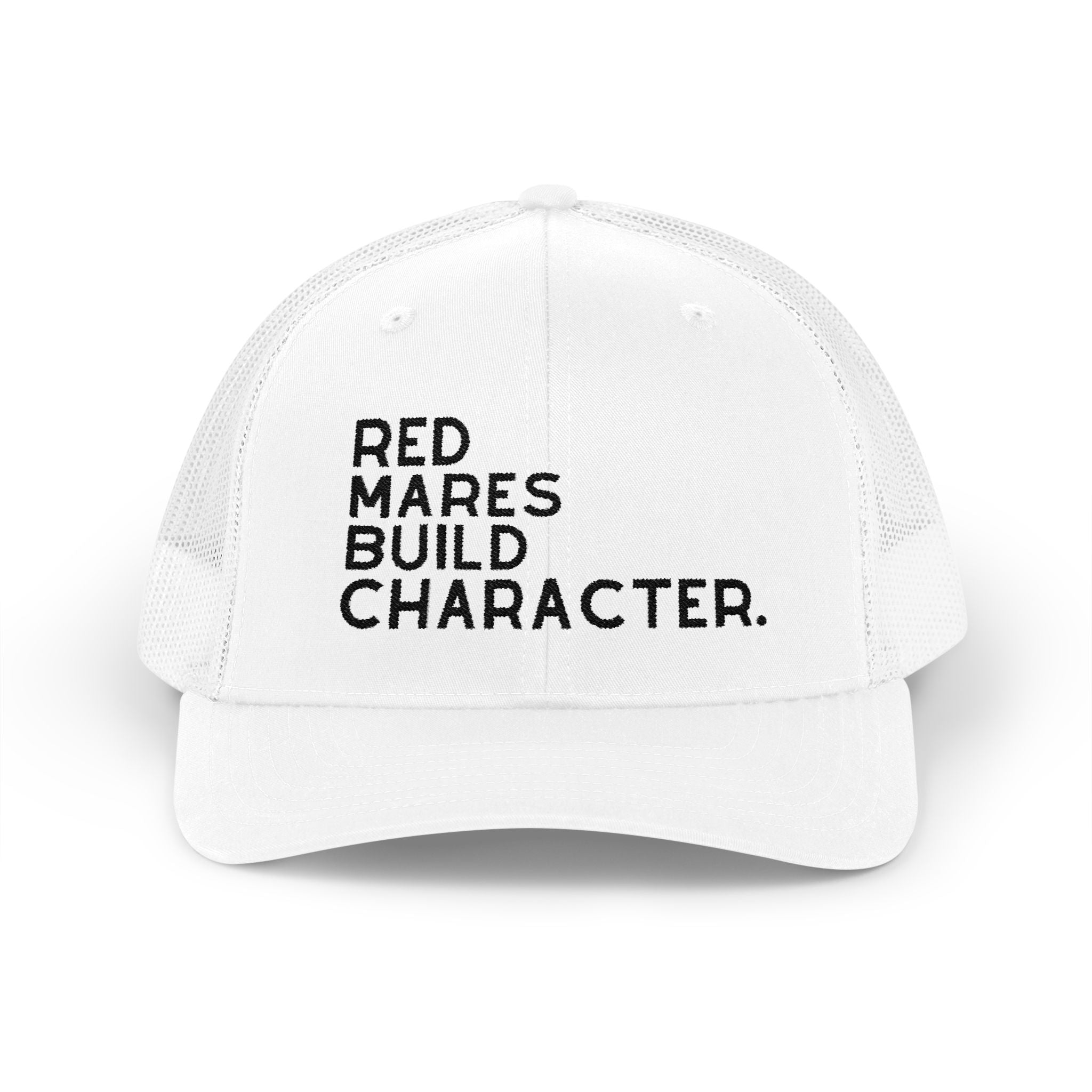 Red Mares Build Character Trucker Hat Embroidered TCC Hat The Cinchy Cowgirl - Print White