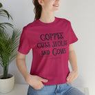 Coffee Cuss Words & Cows Short Sleeve Graphic Tee T-Shirt The Cinchy Cowgirl - Print Berry S