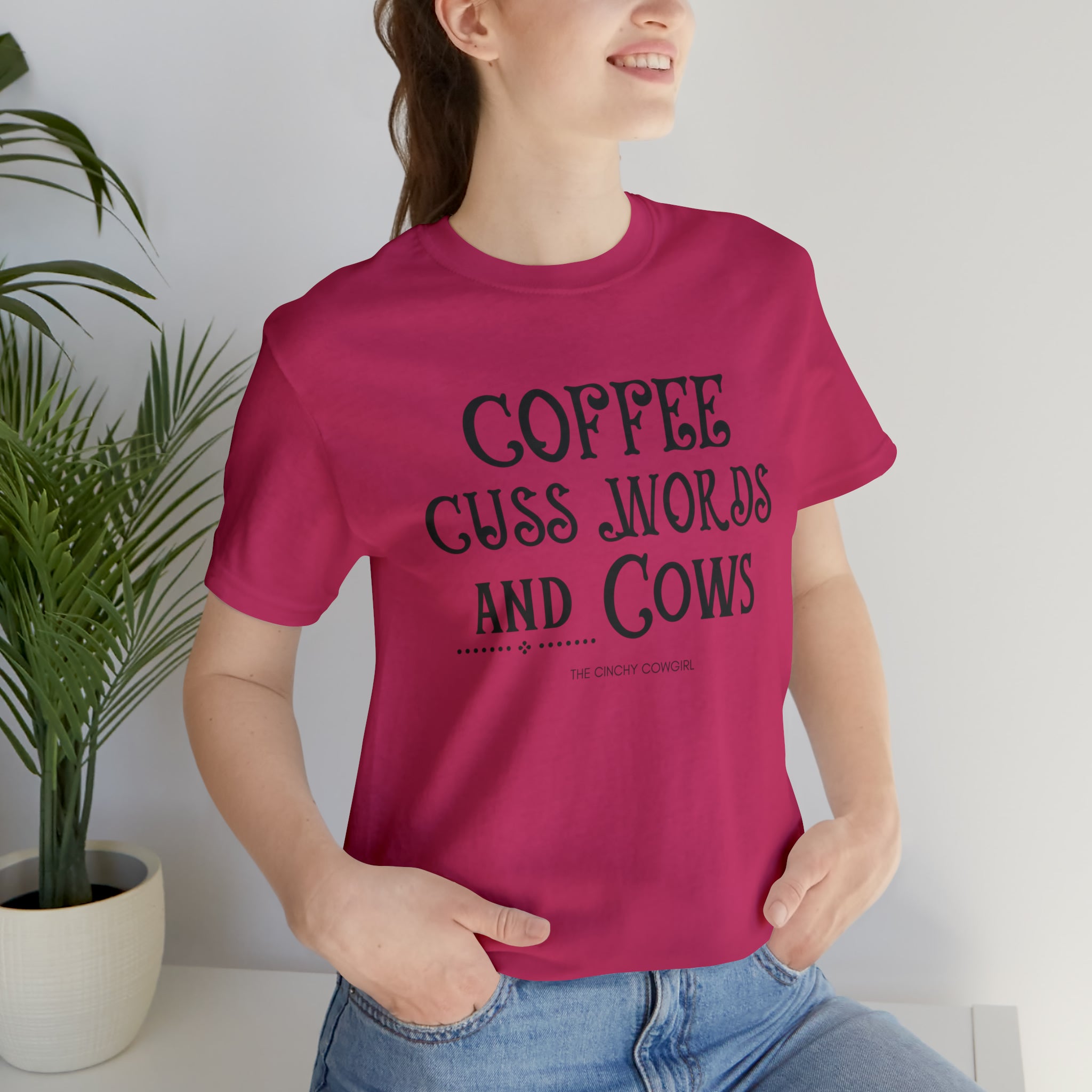 Coffee Cuss Words & Cows Short Sleeve Graphic Tee T-Shirt The Cinchy Cowgirl - Print Berry S