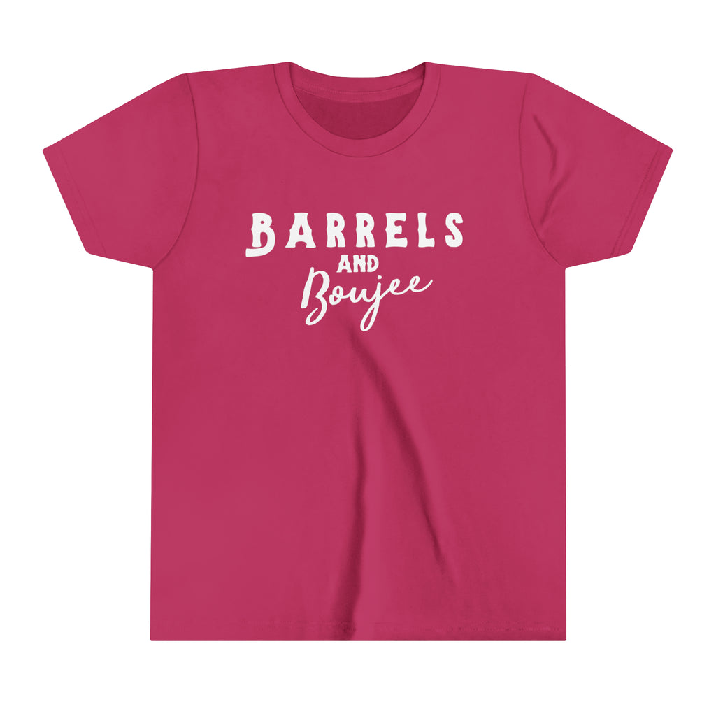 Berry youth short sleeve with white lettering reading "Barrels and Boujee".