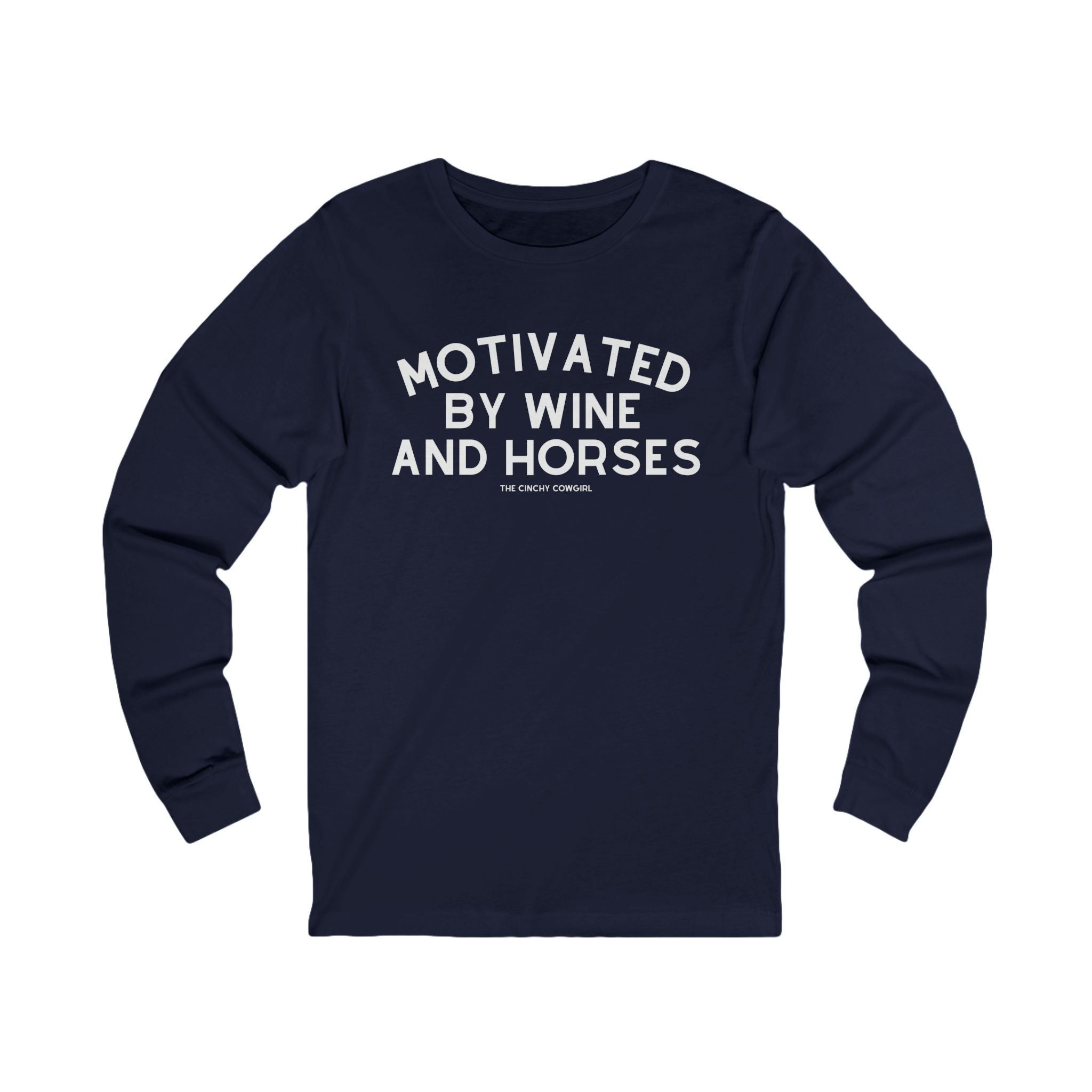 Motivated By Wine And Horses Long Sleeve Tee Long-sleeve The Cinchy Cowgirl - Print XL Navy