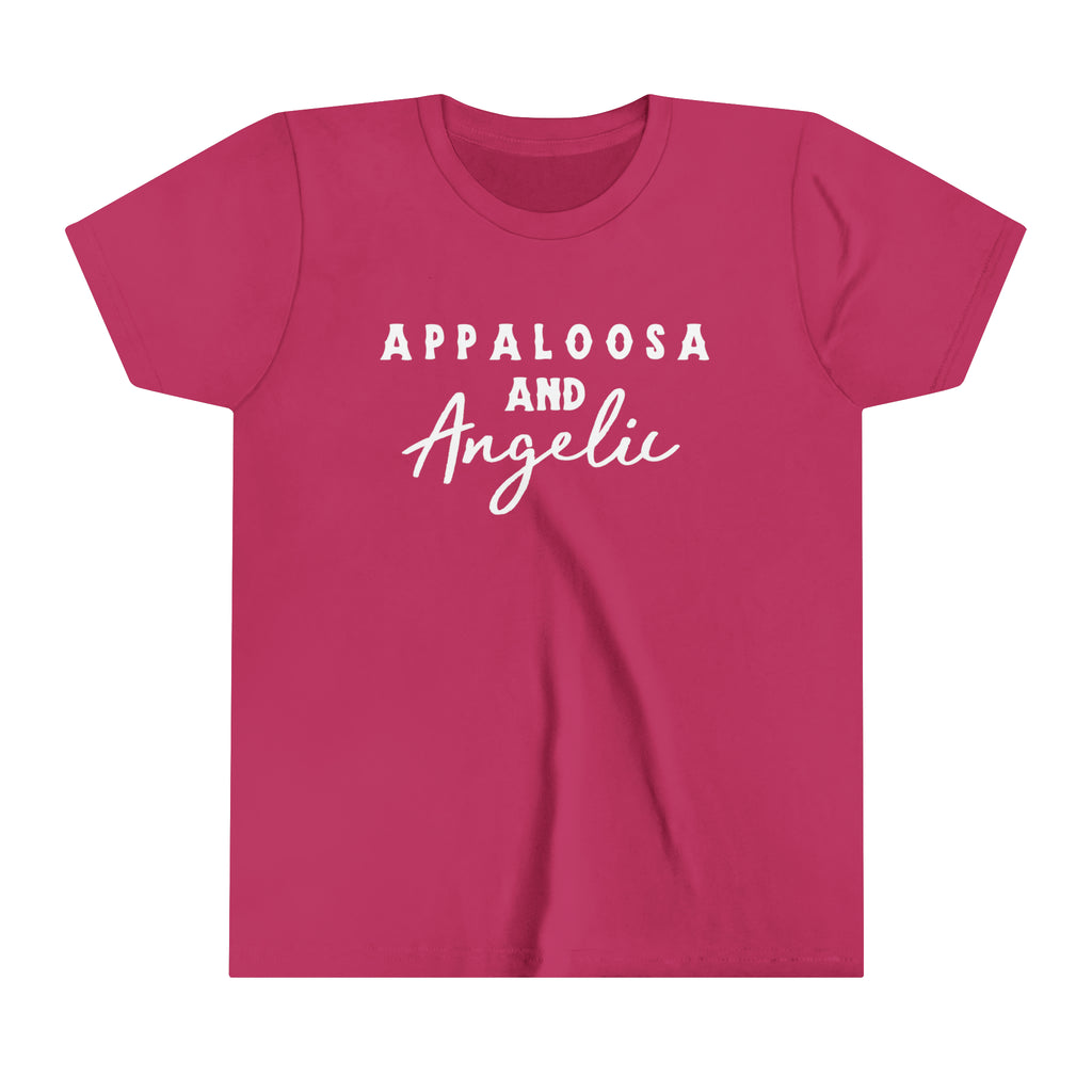 Western berry youth short sleeve with white lettering that reads "Appaloosa & Angelic".