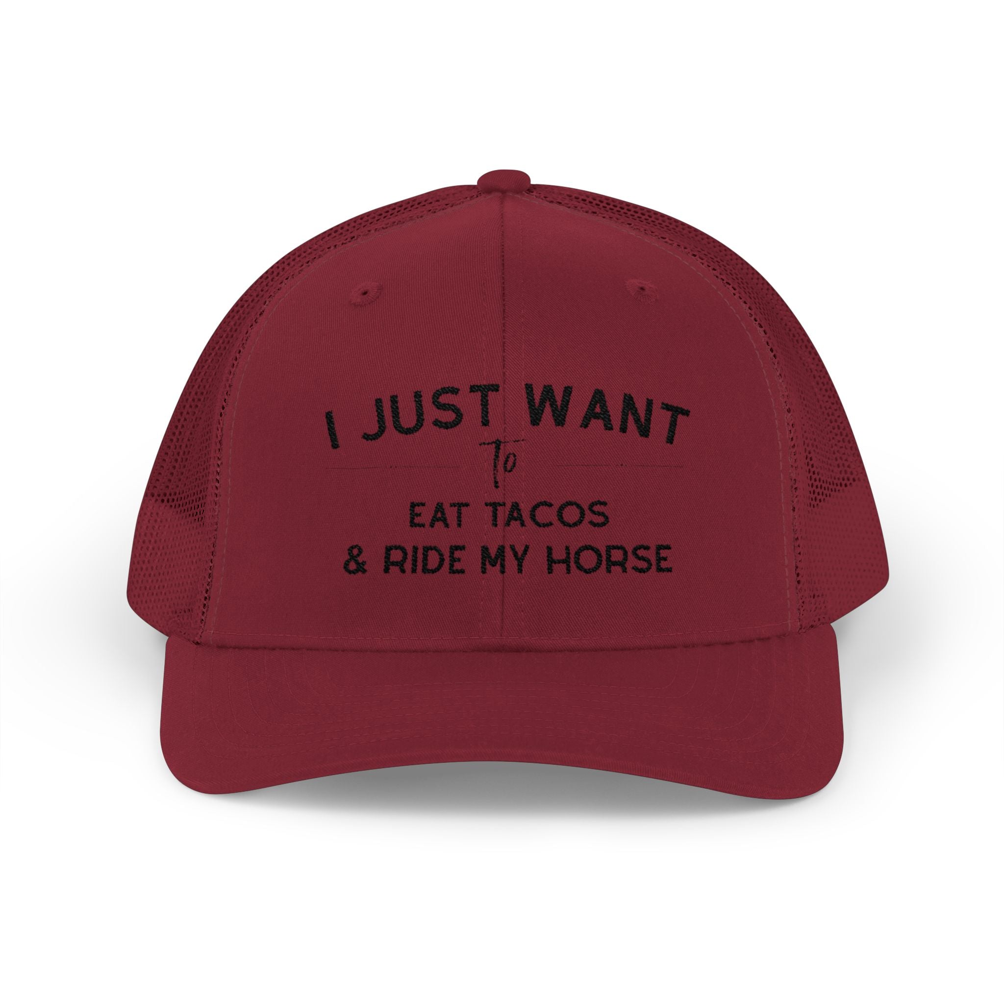 Embroidered I Just Want To Eat Tacos & Ride My Horse Trucker Hat Embroidered TCC Hat The Cinchy Cowgirl - Print Cranberry