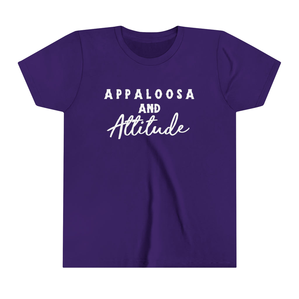 Western purple youth short sleeve with white lettering that reads "Appaloosa & Attitude".