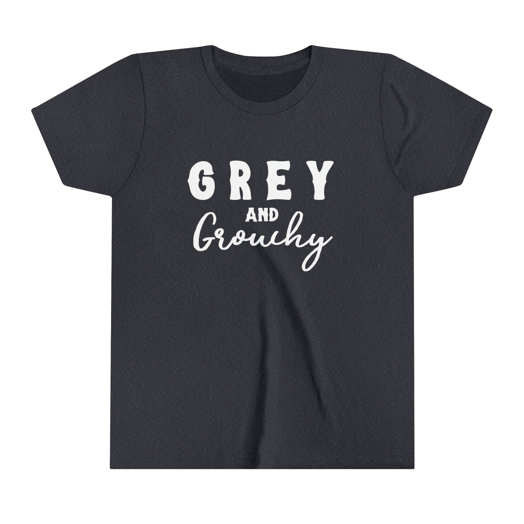 Navy youth short sleeve with white lettering reading "Grey and Grouchy".