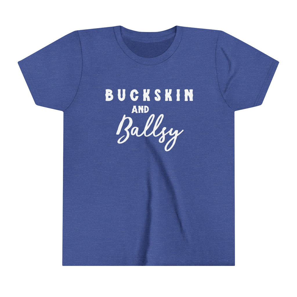 Royal youth short sleeve with white lettering reading "Buckskin and Ballsy". 