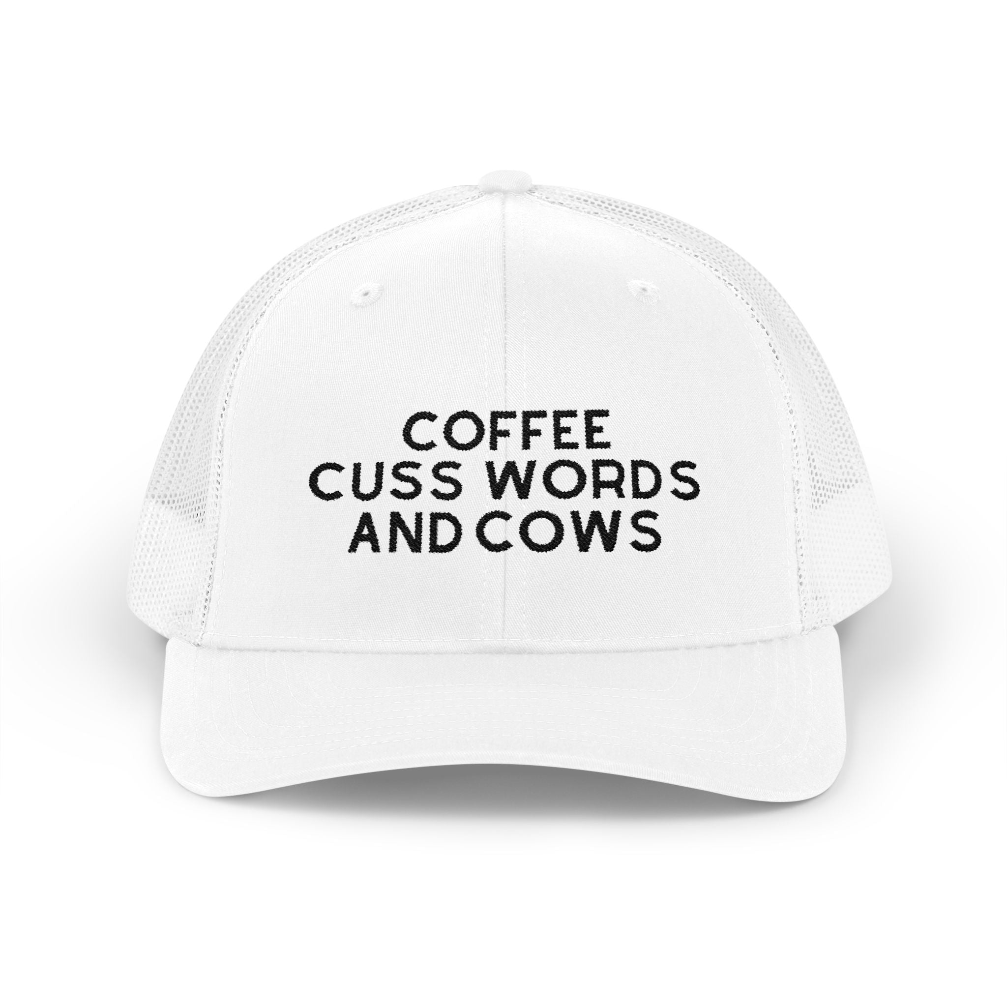 Coffee Cuss Words and Cows Trucker Hat Embroidered TCC Hat The Cinchy Cowgirl - Print White