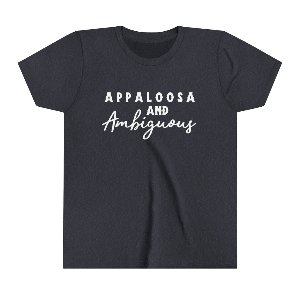 Western navy youth short sleeve with white lettering that reads "Appaloosa & Ambiguous".