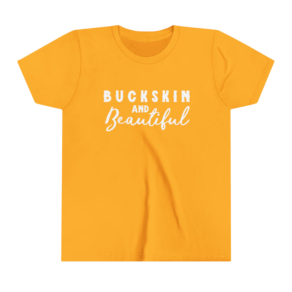 Gold youth short sleeve with white lettering reading "Buckskin and Beautiful".