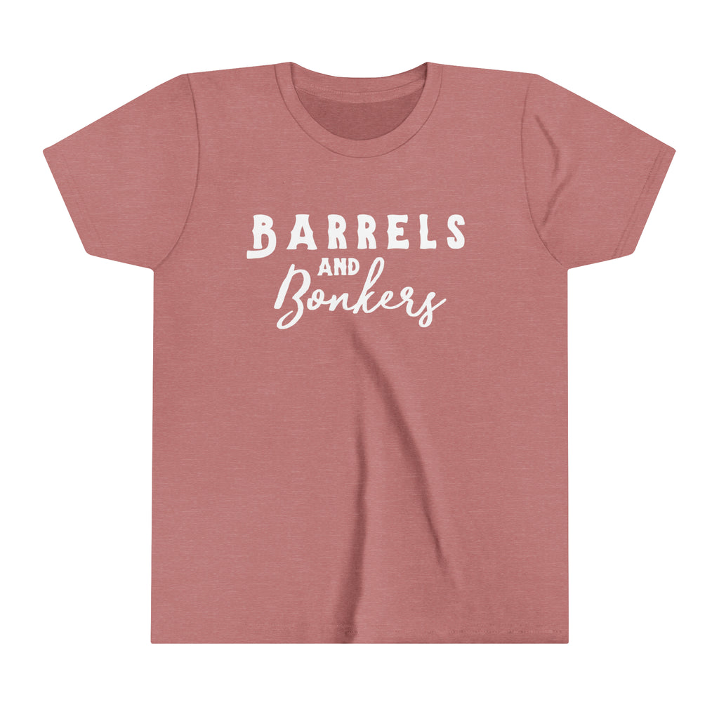 Mauve youth short sleeve with white lettering reading "Barrels and Bonkers".