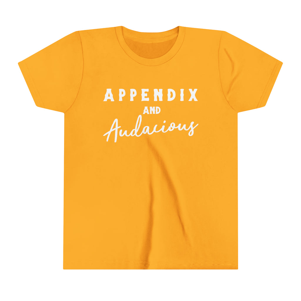 Gold youth short sleeve with white lettering that says "Appendix and Audacious".