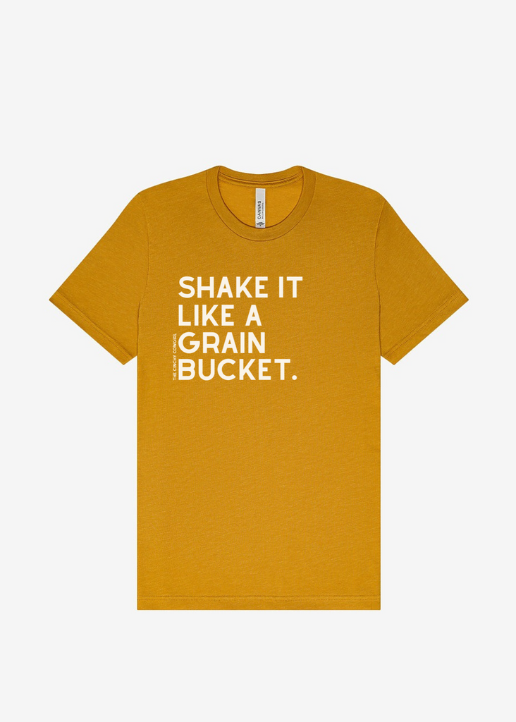 Shake It Like A Grain Bucket Short Sleeve Graphic Tee [16 Colors] Short Sleeve Graphic Tee The Cinchy Cowgirl Heather Mustard Small