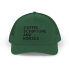 Embroidered Coffee Scripture and Horses Trucker Hat [23 Colors] Embroidered TCC Hat The Cinchy Cowgirl - Print Evergreen