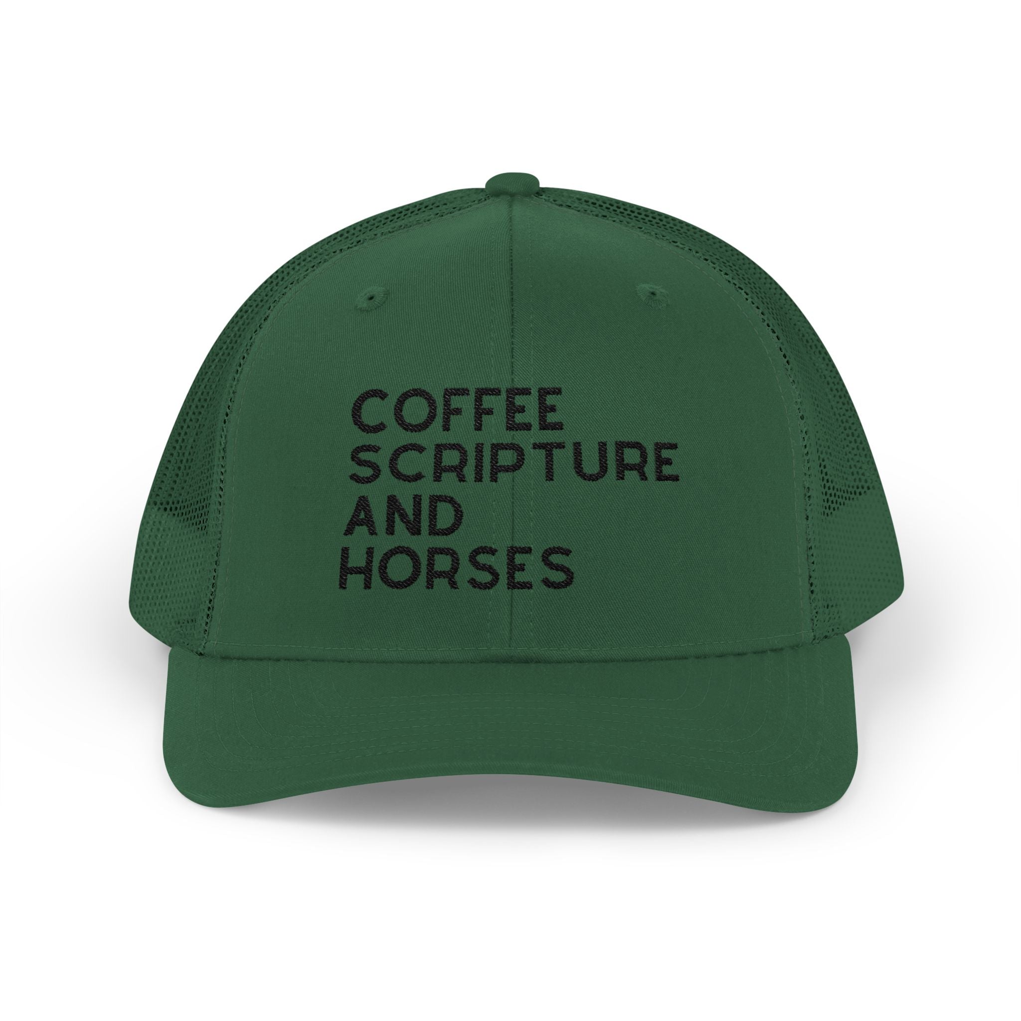 Embroidered Coffee Scripture and Horses Trucker Hat [23 Colors] Embroidered TCC Hat The Cinchy Cowgirl - Print Evergreen
