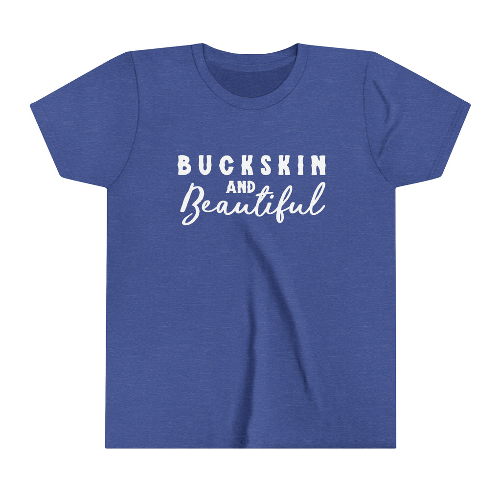 Royal youth short sleeve with white lettering reading "Buckskin and Beautiful".