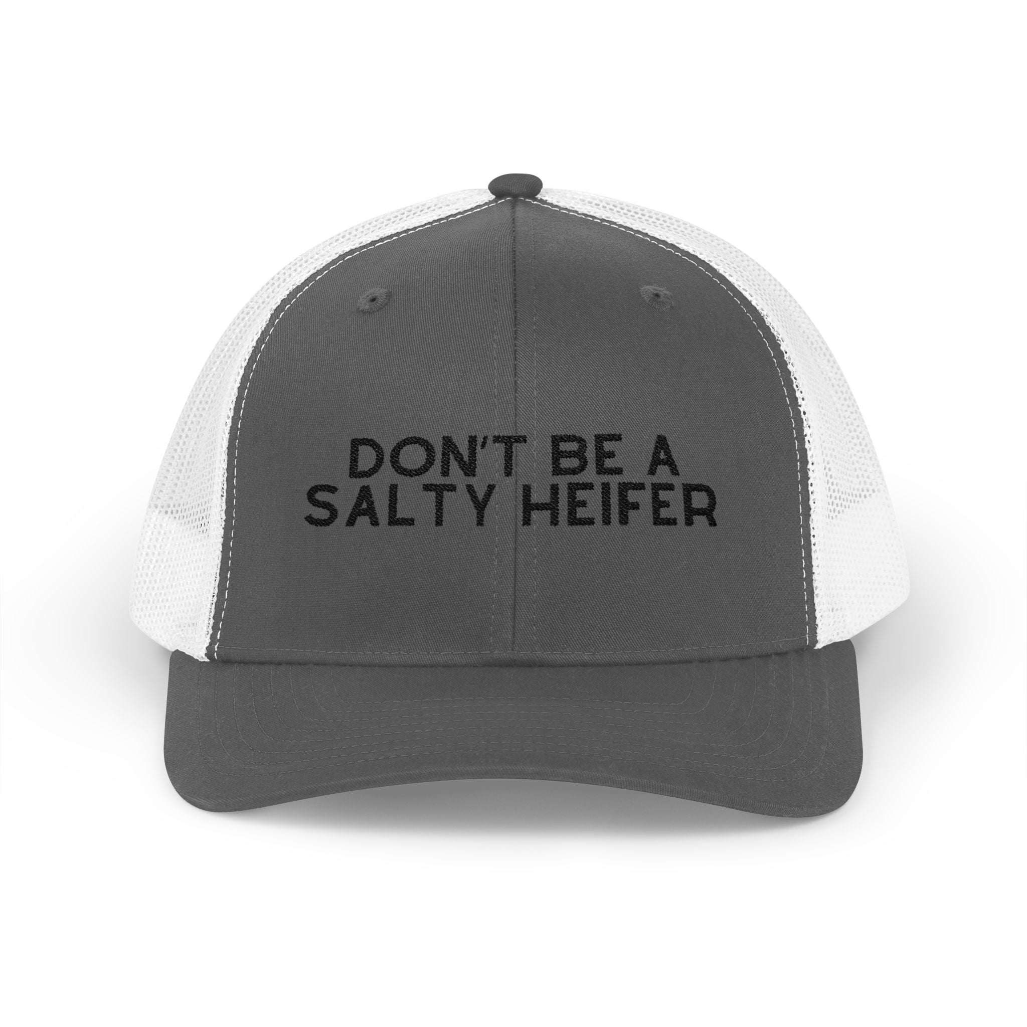 Embroidered Don't Be A Salty Heifer Trucker Hat Embroidered TCC Hat The Cinchy Cowgirl- Print Charcoal / White
