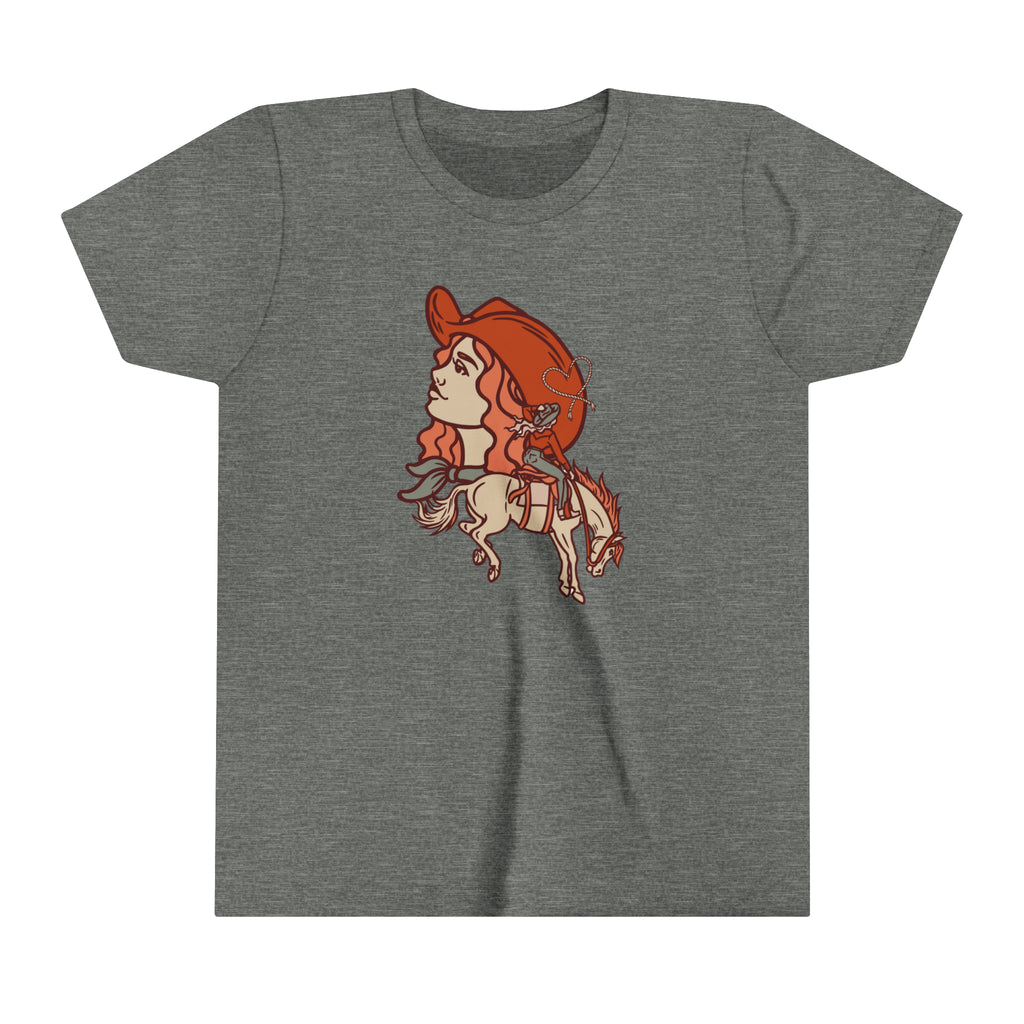 Grey youth short sleeve with a cowgirl printed design and bronc horse with a cowgirl showing a cowgirl's personality. 