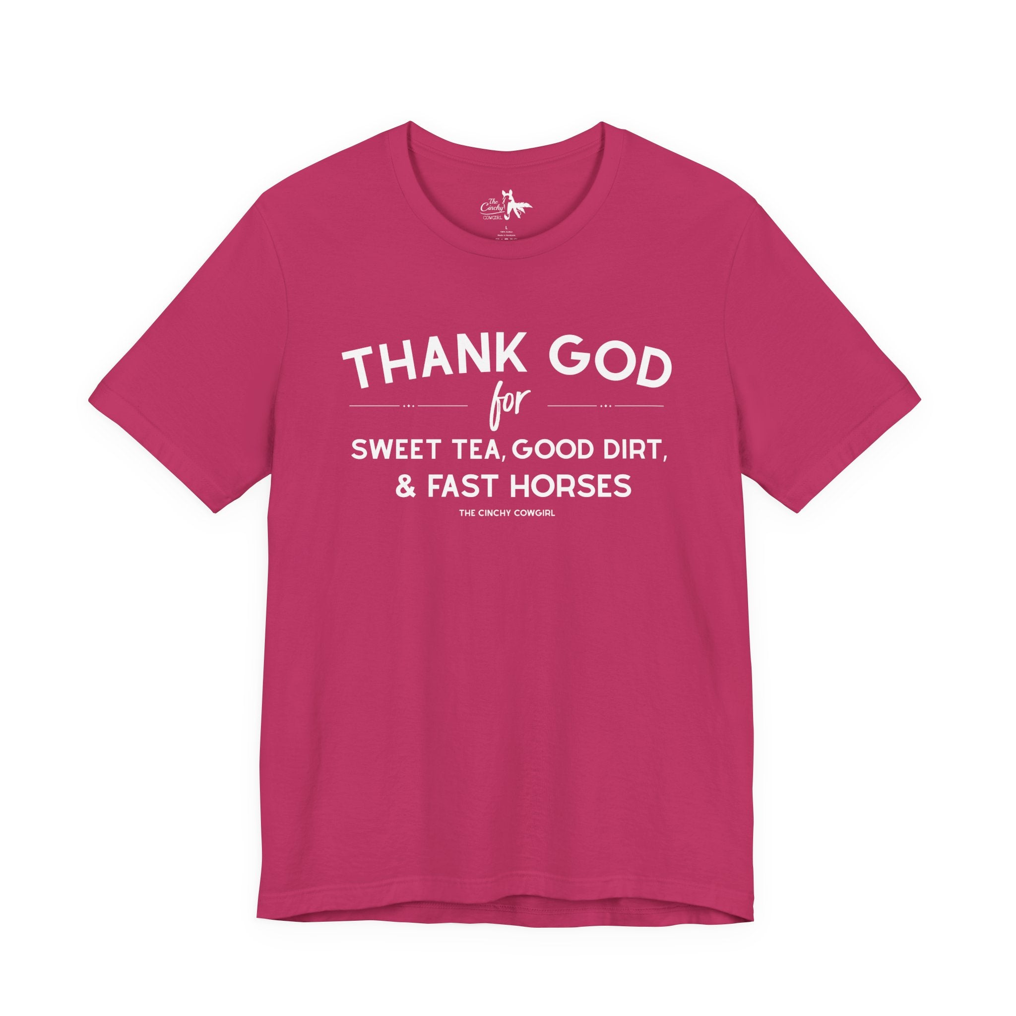 Thank God For Sweet Tea, Good Dirt & Fast Horses Short Sleeve Tee T-Shirt The Cinchy Cowgirl - Print Berry XS