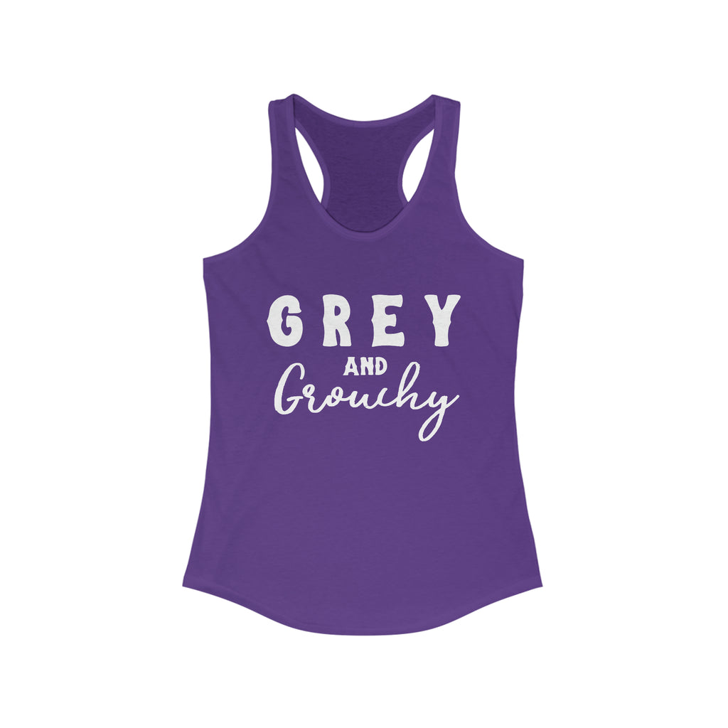 Purple tank top with white lettering reading "Grey and Grouchy".