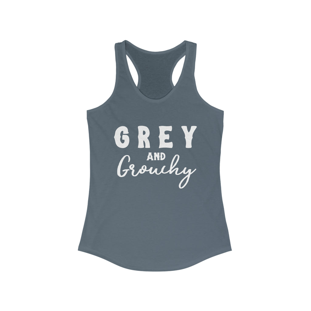Indigo tank top with white lettering reading "Grey and Grouchy".