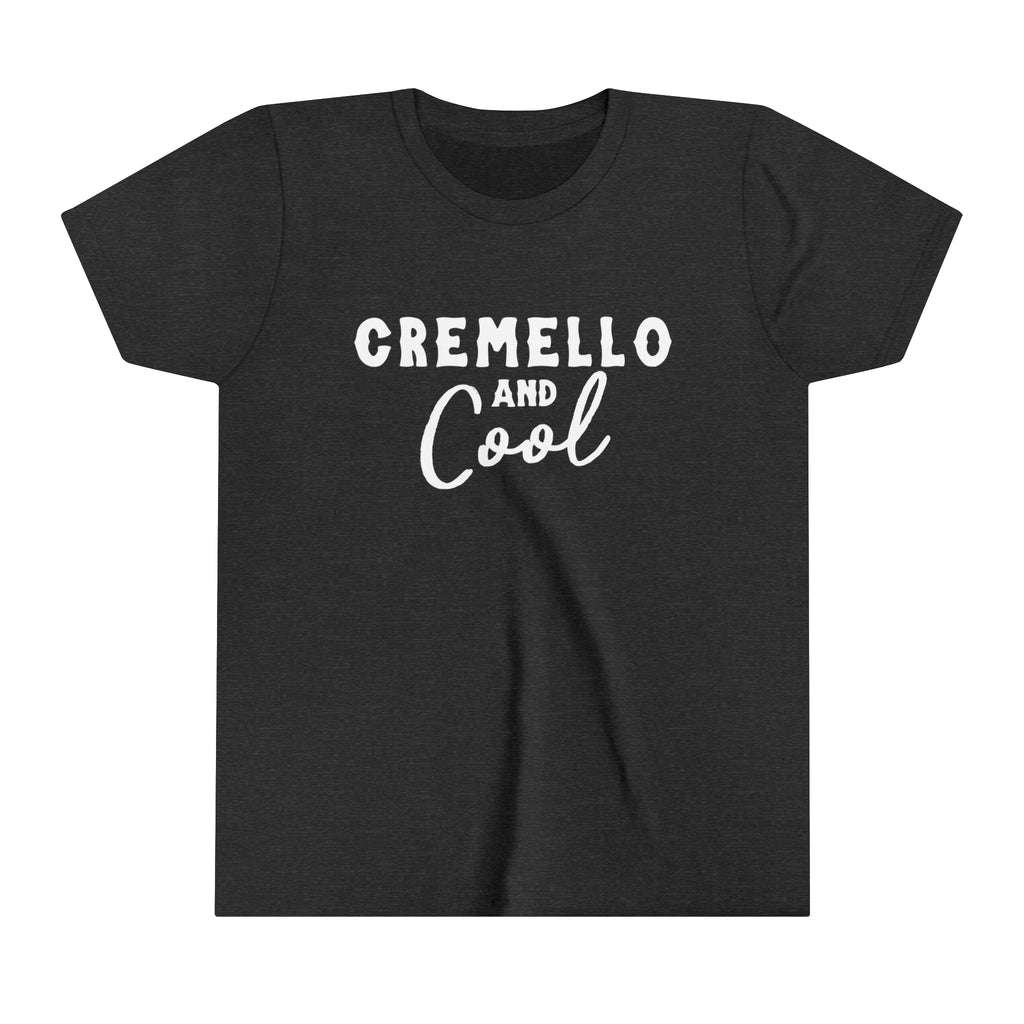 Dark grey youth short sleeve tee with white lettering reading "Cremello and Cool". 