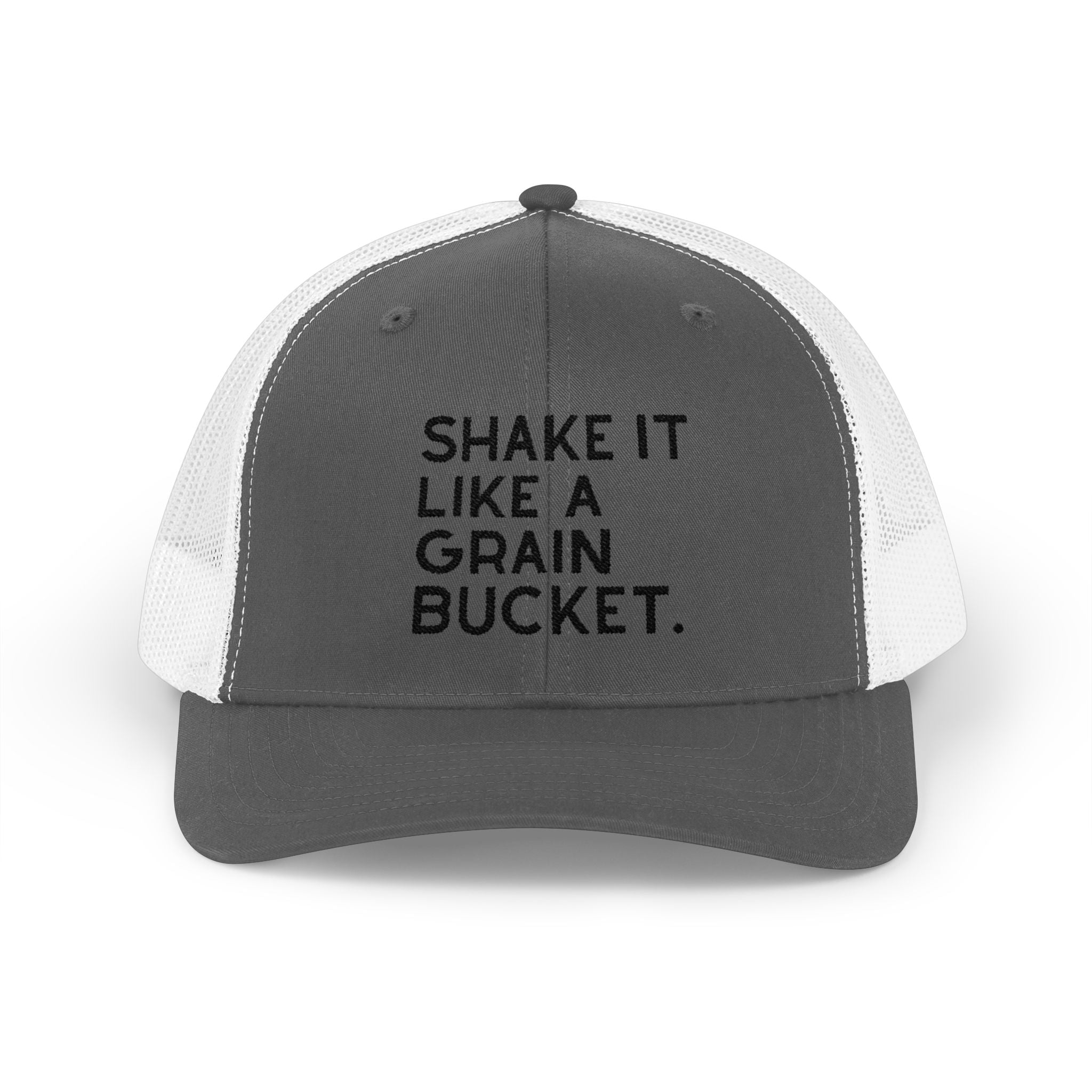 Embroidered Shake It Like A Grain Bucket Trucker Hat Embroidered TCC Hat The Cinchy Cowgirl - Print Charcoal / White