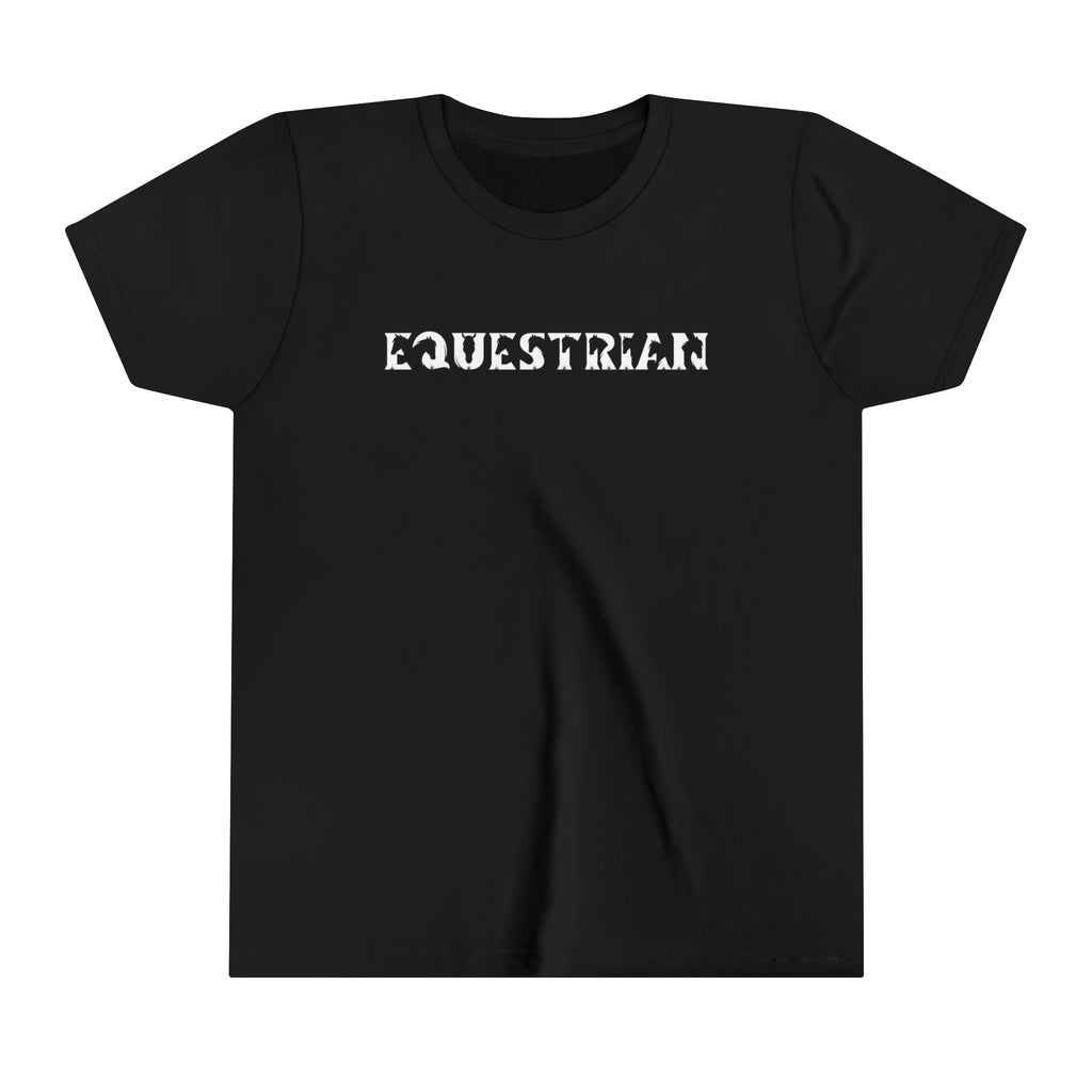 Black youth short sleeve with white lettering reading "Equestrian" with horse cutouts in the lettering.