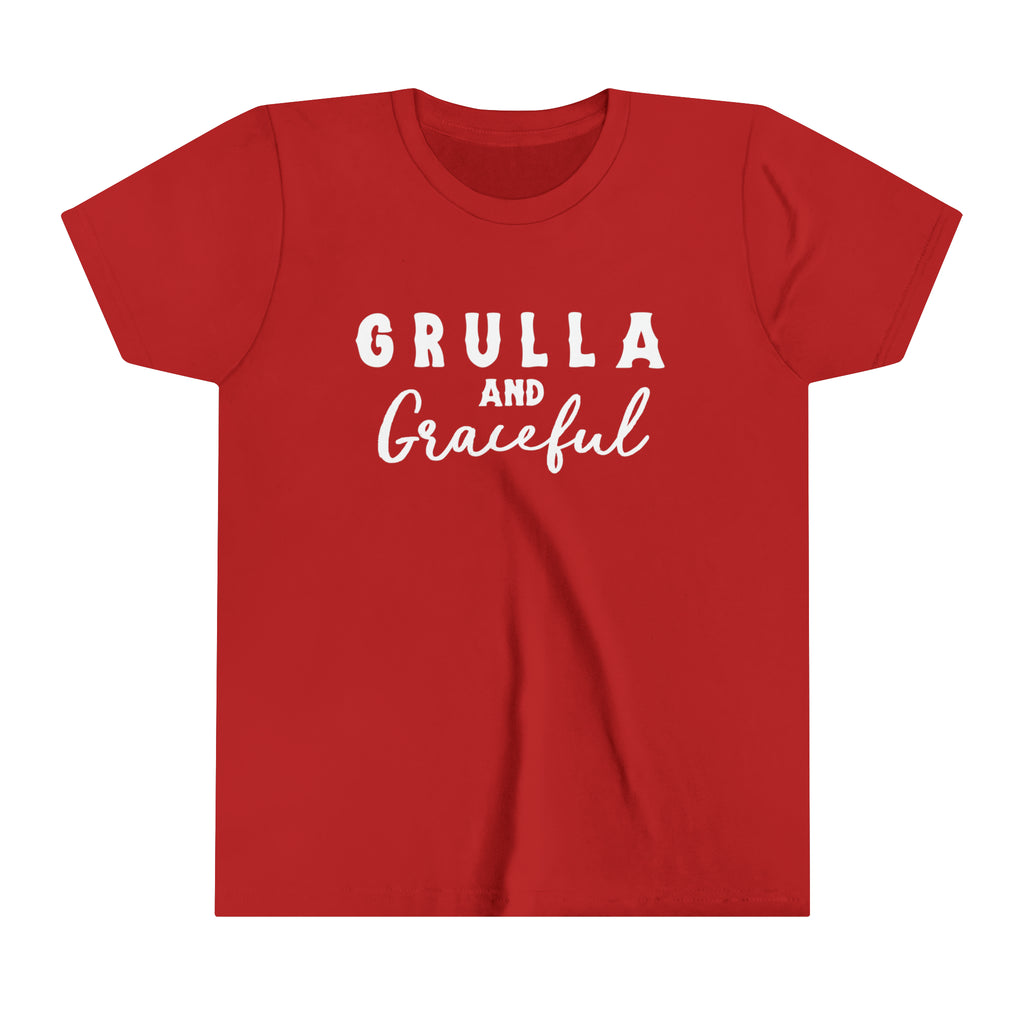 Red youth short sleeve white white lettering reading "Grulla and Graceful". 