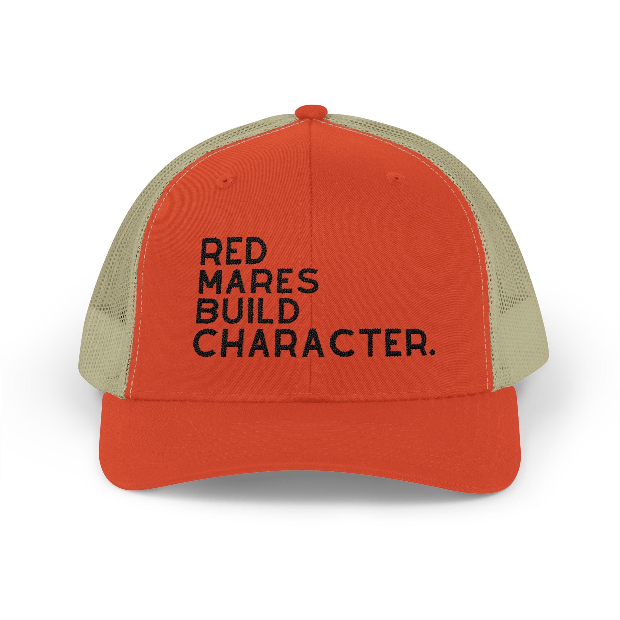 Red Mares Build Character Trucker Hat Embroidered TCC Hat The Cinchy Cowgirl - Print Rustic Orange / Khaki