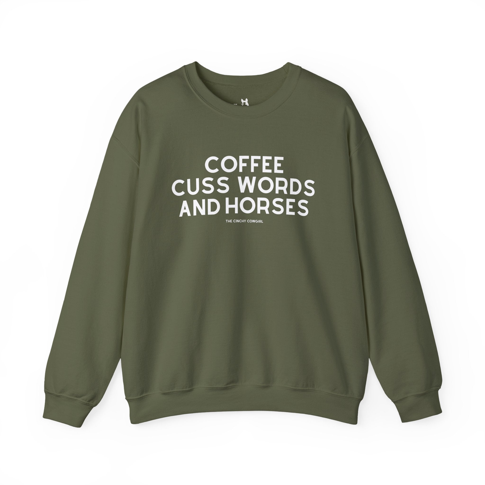 Coffee, Cuss Words And Horses Fleece Pullover Sweatshirt The Cinchy Cowgirl - Print S Military Green