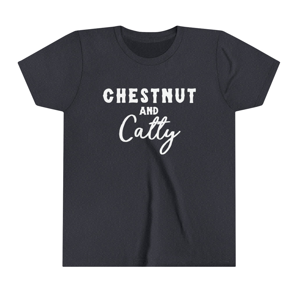 Navy youth short sleeve with white lettering reading "Chestnut and Catty". 