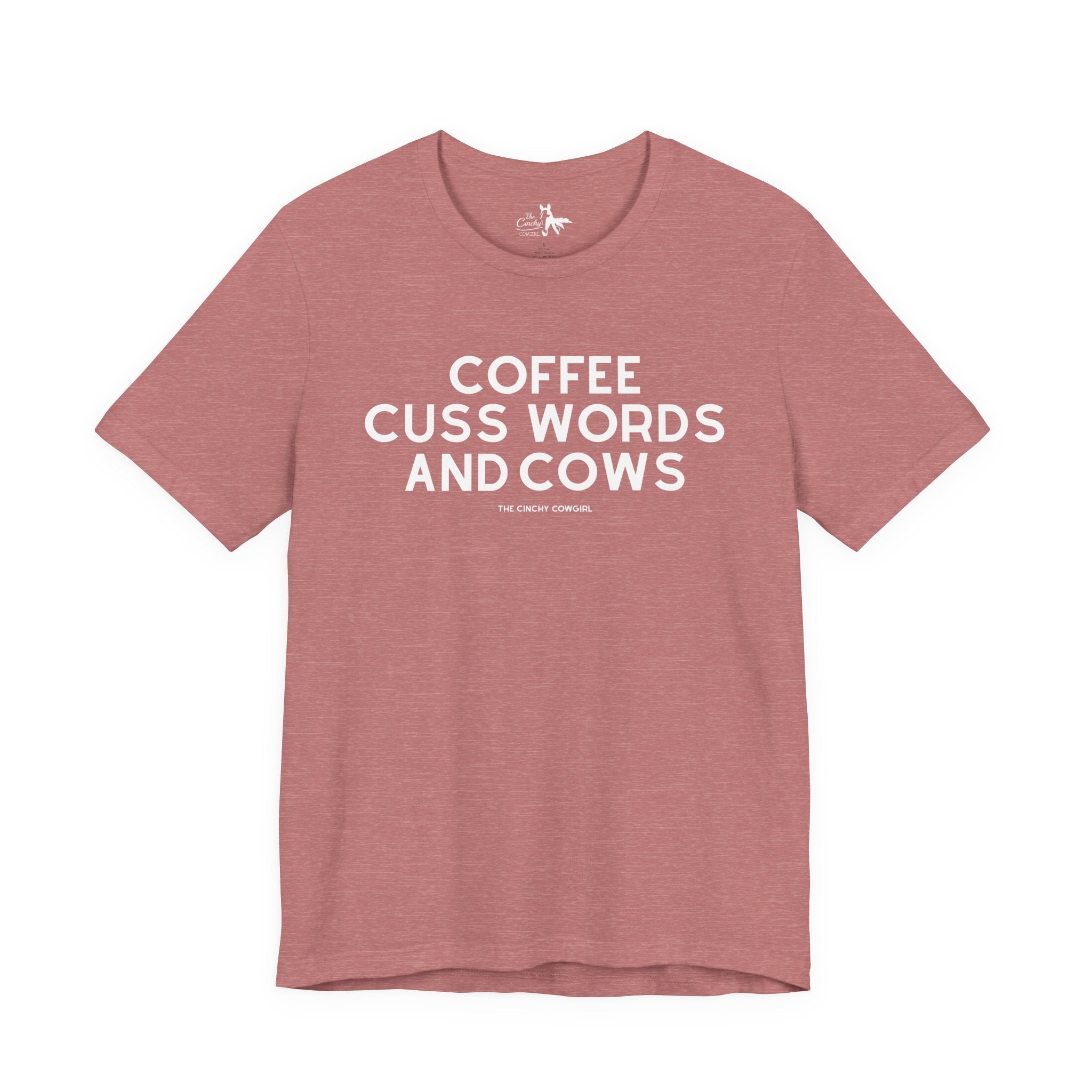 Coffee, Cuss Words And Cows Short Sleeve Tee T-Shirt The Cinchy Cowgirl - Print Heather Mauve XS