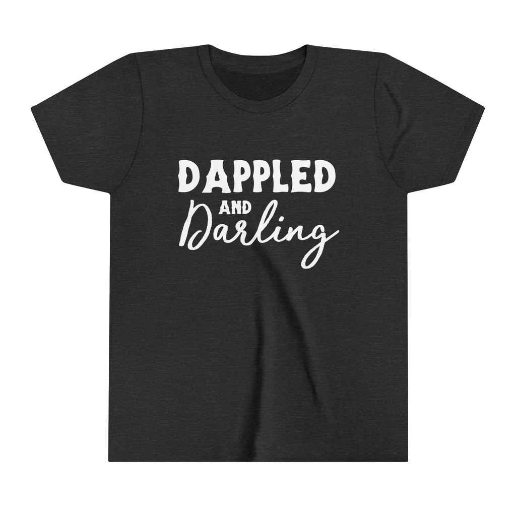 Dark grey youth short sleeve with white lettering reading "Dappled and Darling". 