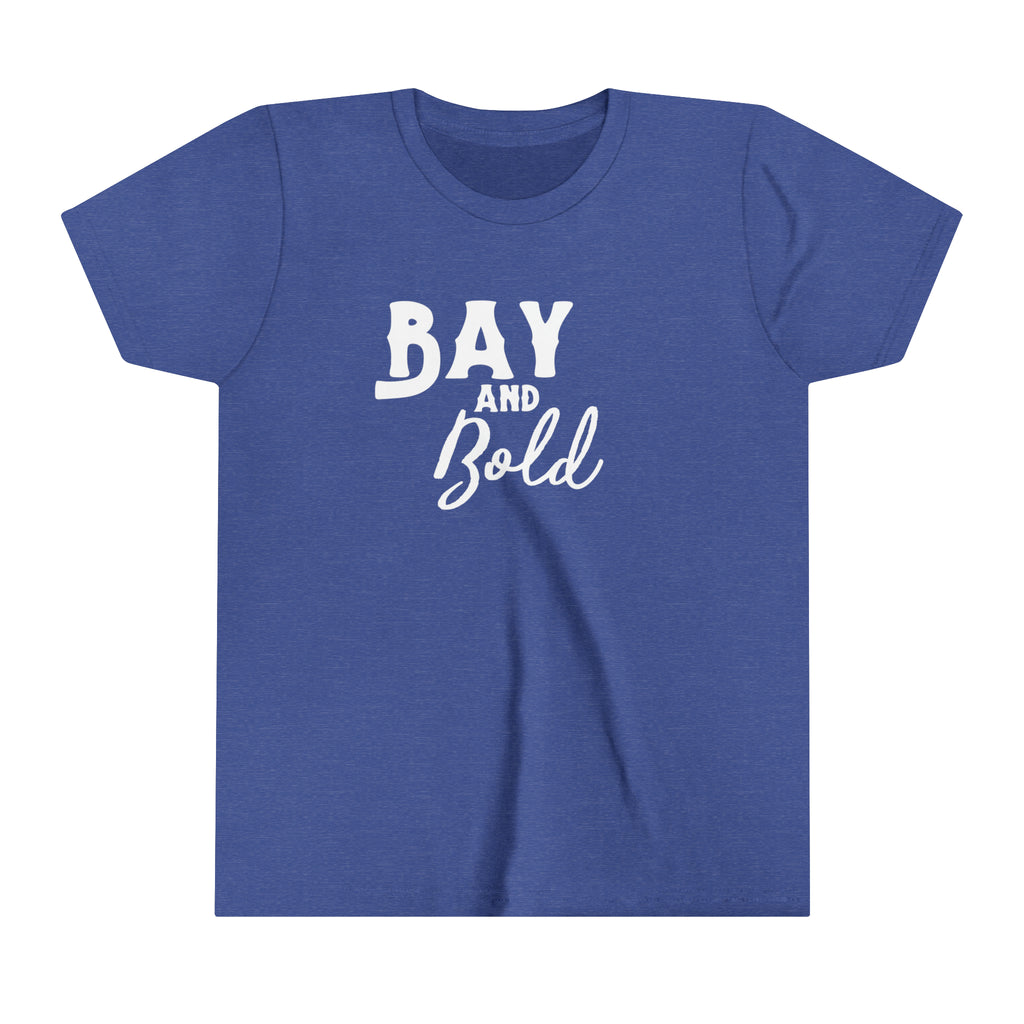 Royal youth short sleeve with white lettering reading "Bay and bold".