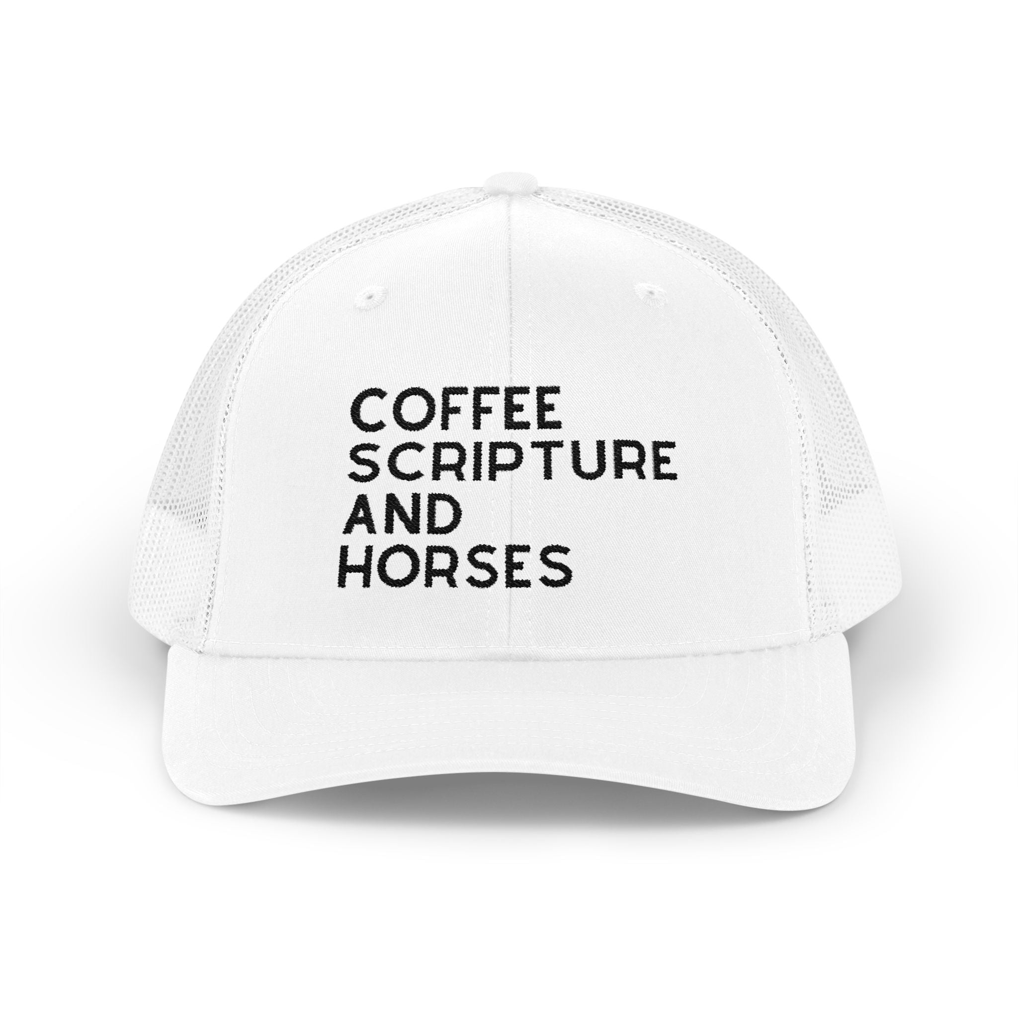 Embroidered Coffee Scripture and Horses Trucker Hat [23 Colors] Embroidered TCC Hat The Cinchy Cowgirl - Print White