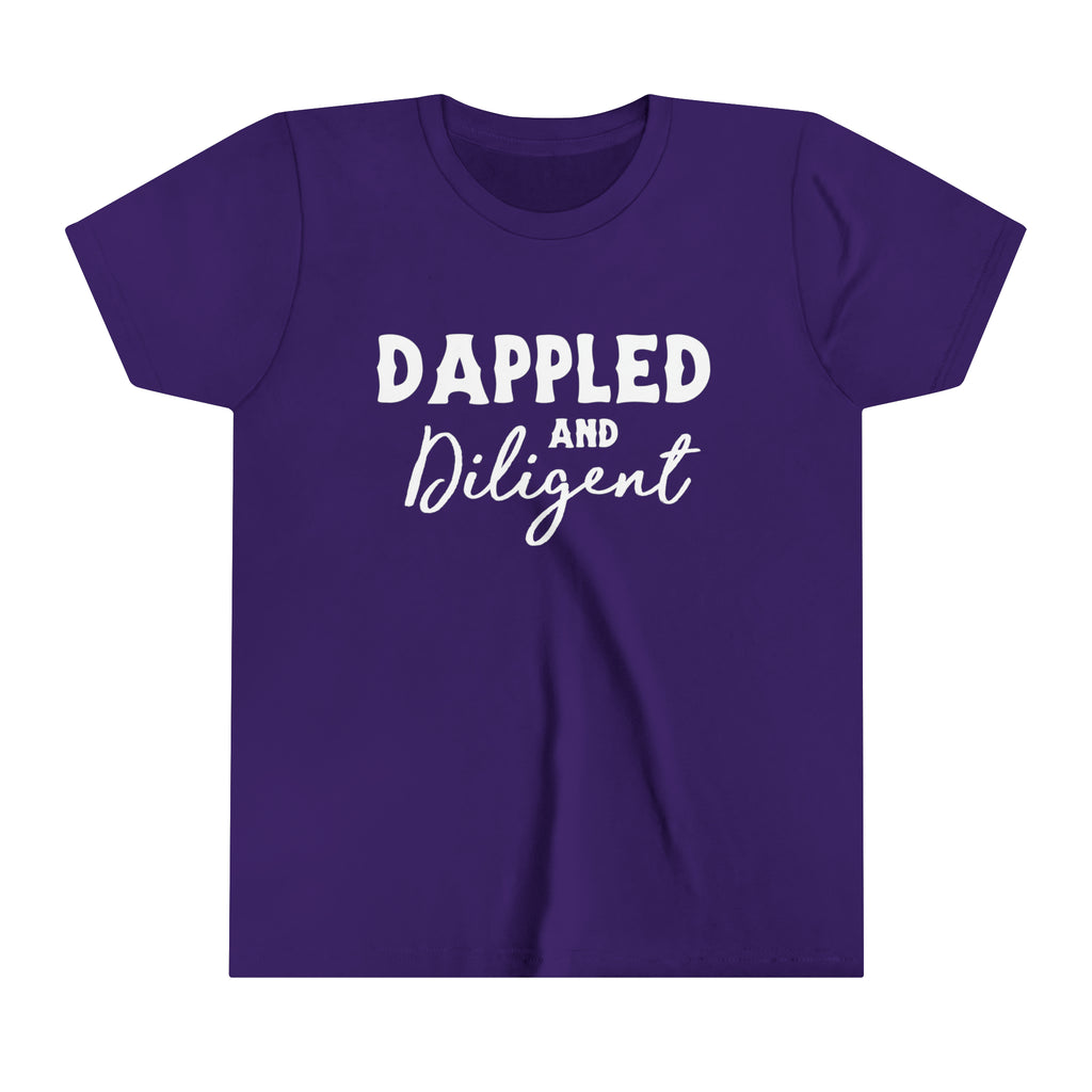 Purple youth short sleeve with white lettering reading "Dappled and Diligent". 