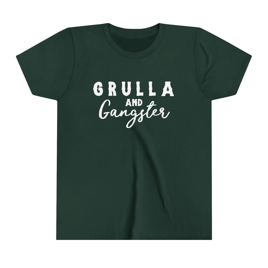 Forest youth short sleeve with white lettering reading "Grulla and Gangster". This tee is displayed against a white background. 