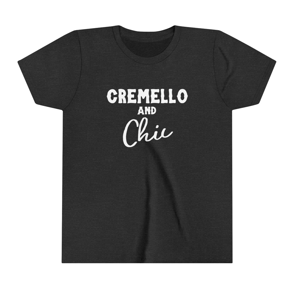 Dark grey youth short sleeve with white lettering reading "Cremello and Chic".