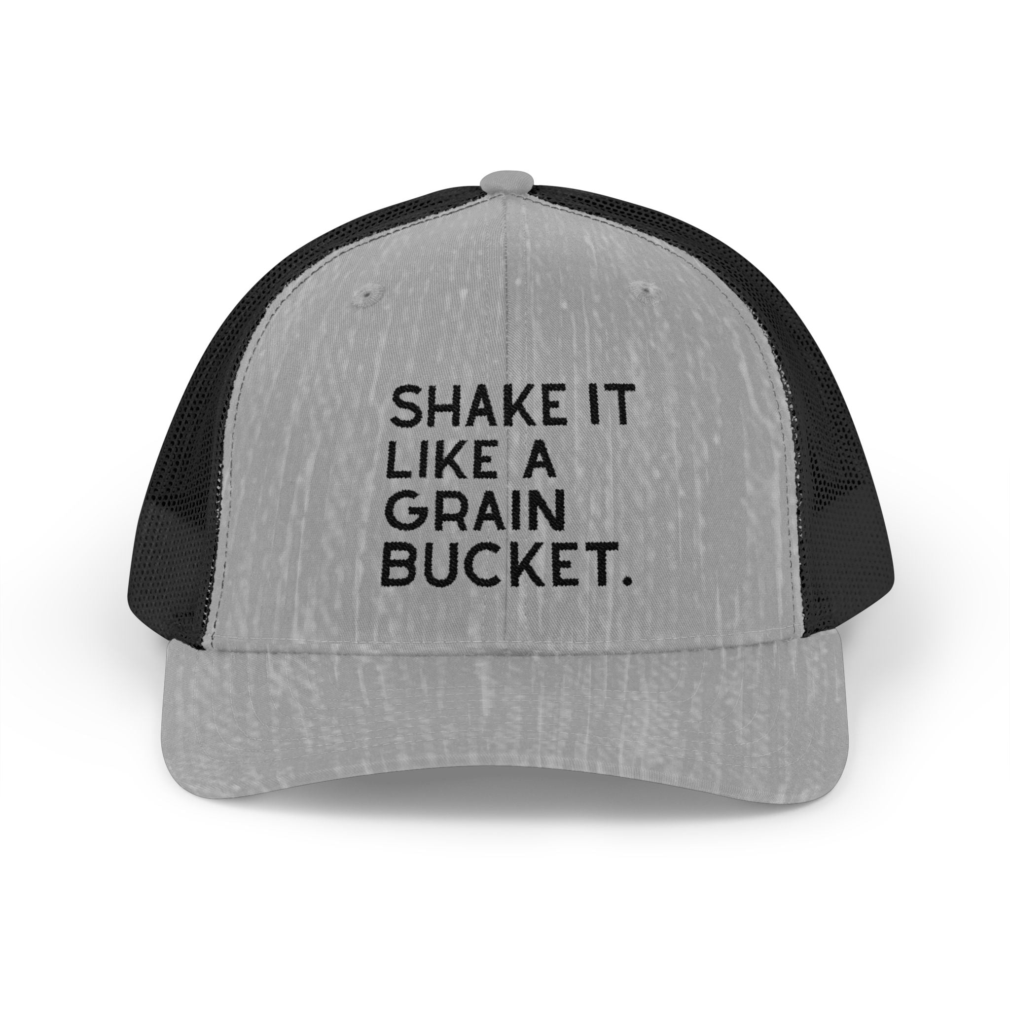 Embroidered Shake It Like A Grain Bucket Trucker Hat Embroidered TCC Hat The Cinchy Cowgirl - Print Heather Grey / Black