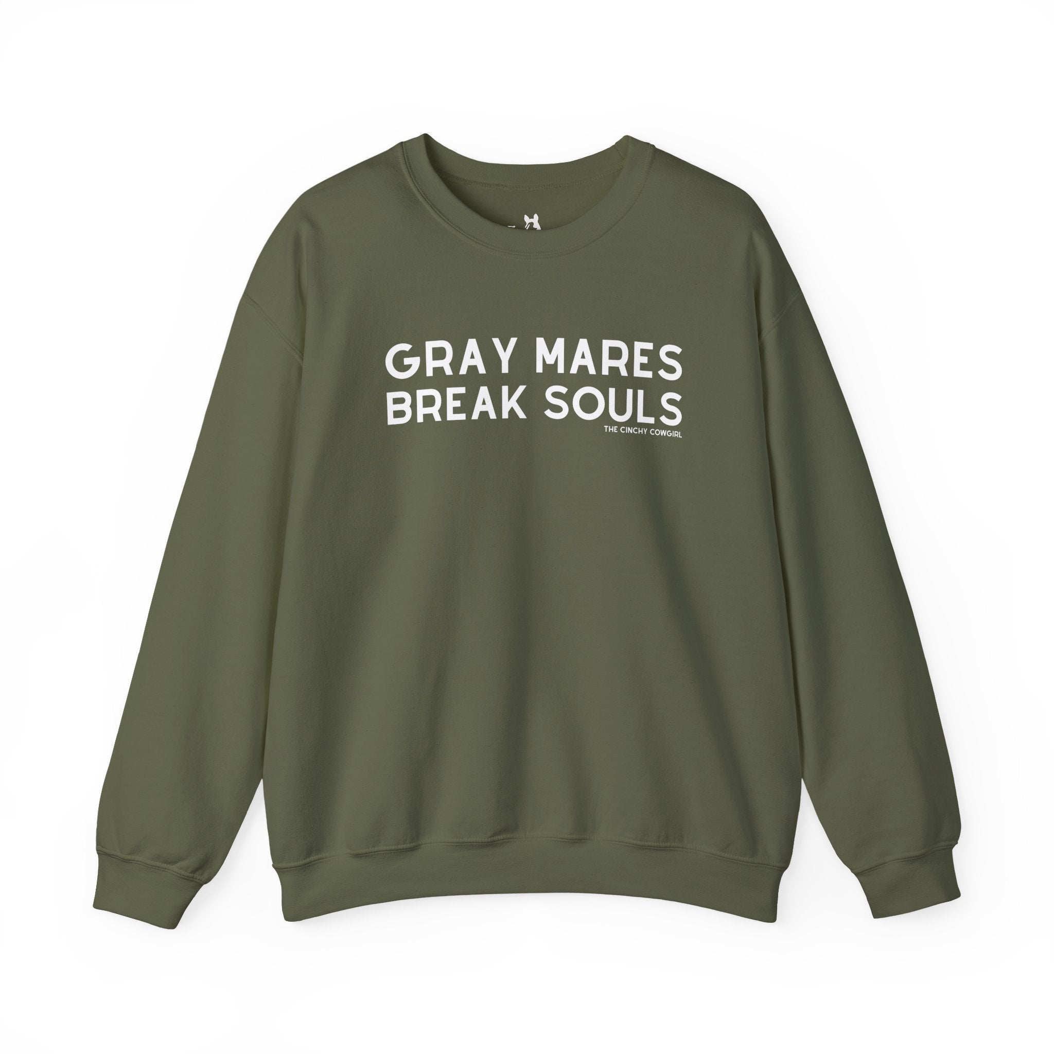 Gray Mares Break Souls Pullover Sweatshirt The Cinchy Cowgirl - Print S Military Green