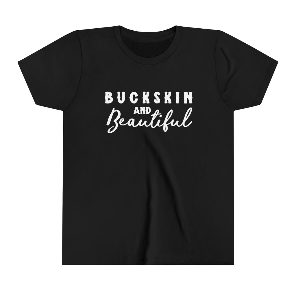Black youth short sleeve with white lettering reading "Buckskin and Beautiful".
