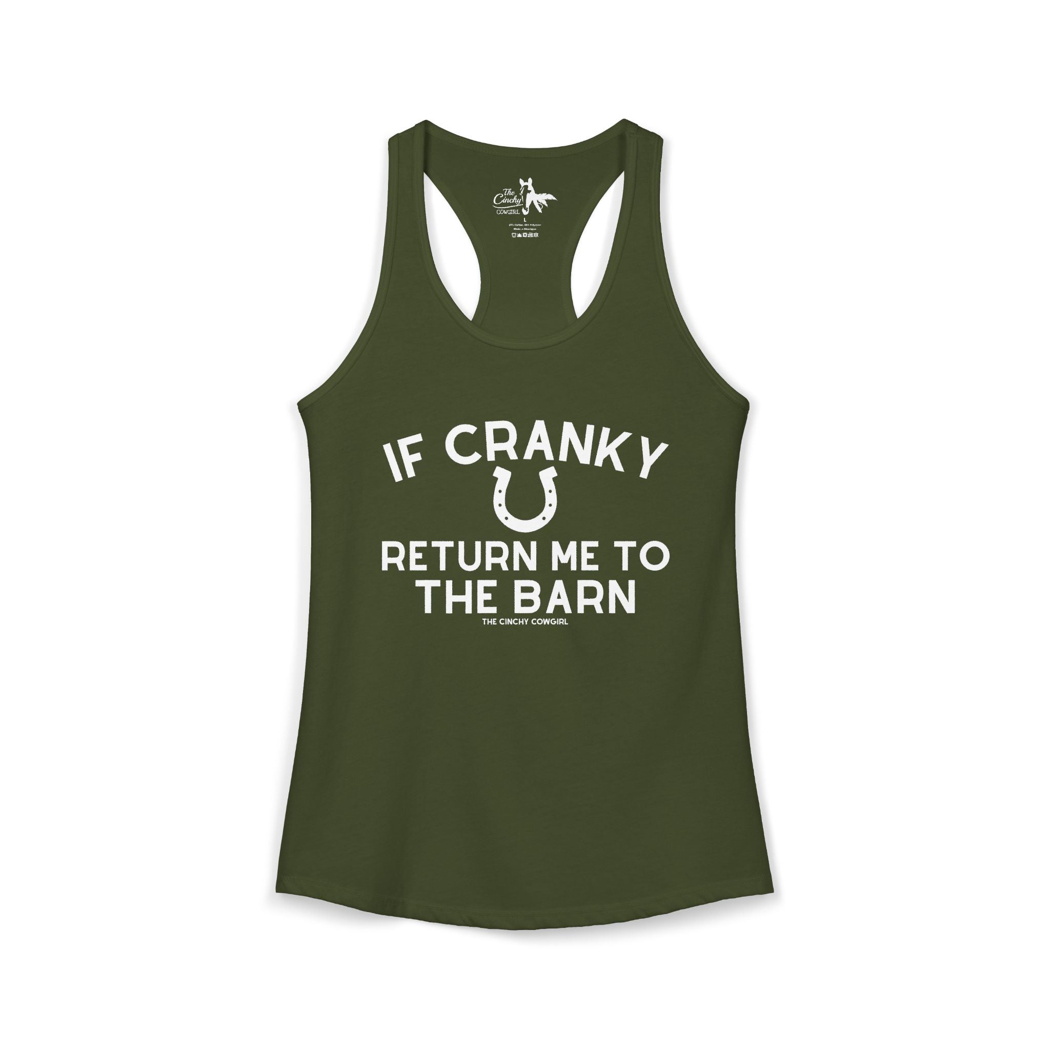If Cranky Return Me To The Barn Tank Top Tank Top The Cinchy Cowgirl - Print XS Solid Military Green