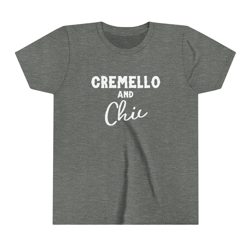 Grey youth short sleeve with white lettering reading "Cremello and Chic".
