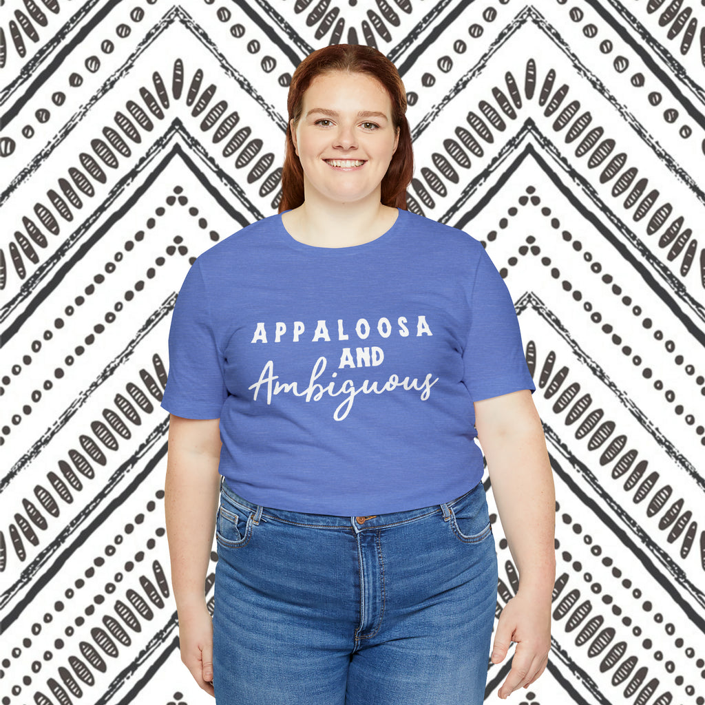 Western blue plus size short sleeve with white lettering that reads "Appaloosa & Ambiguous".